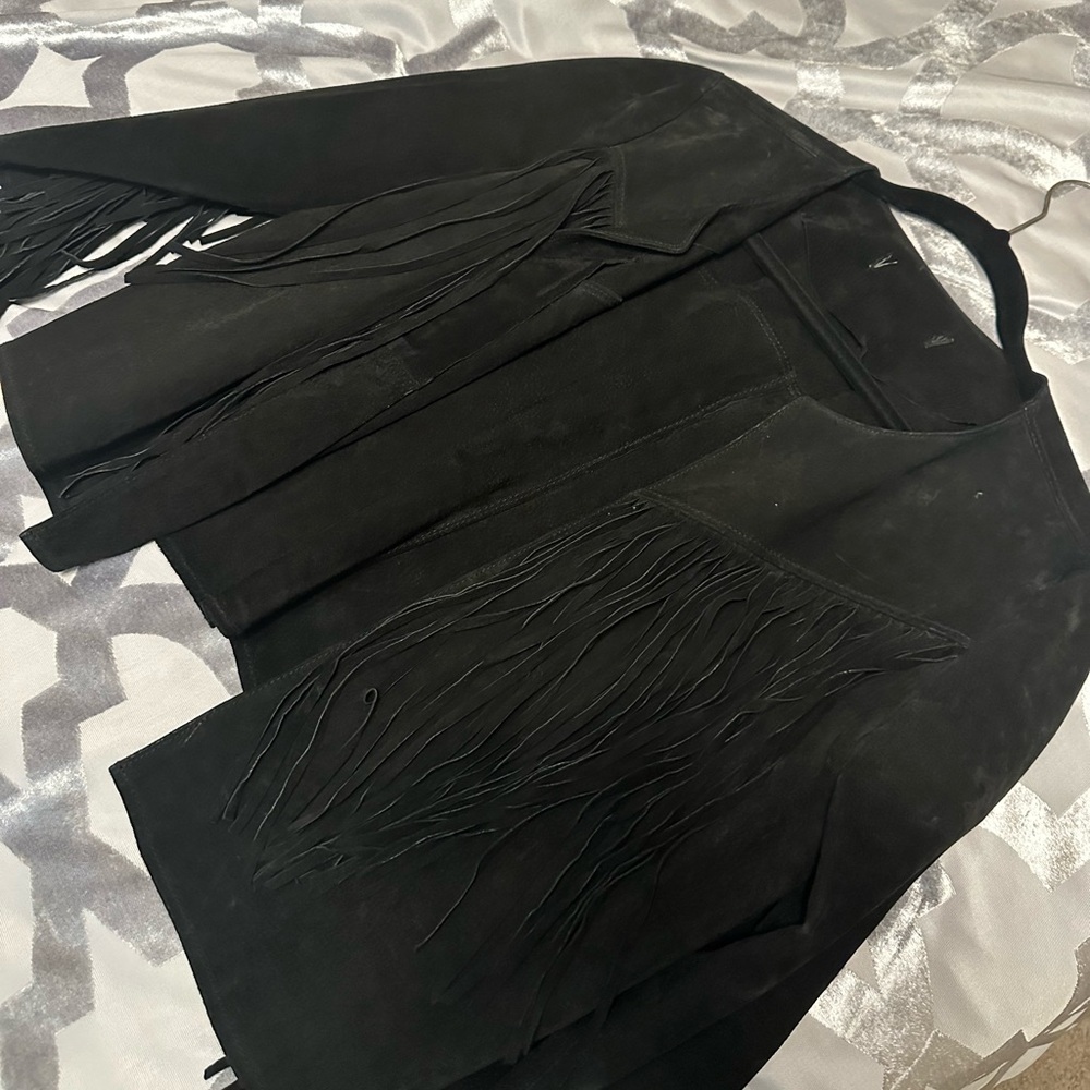 Black faux suede fringe jacket